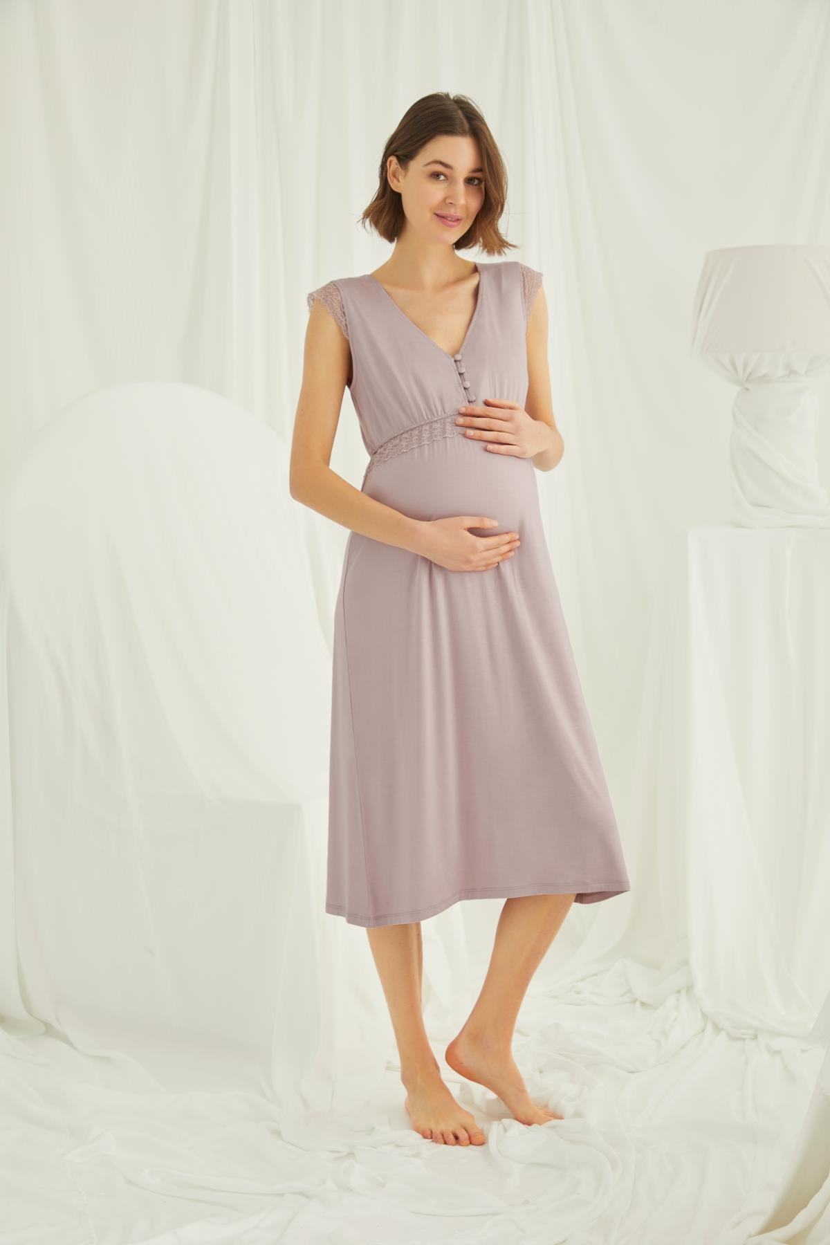 Shopymommy 18449 Lace V-Neck Maternity & Nursing Nightgown Coffee