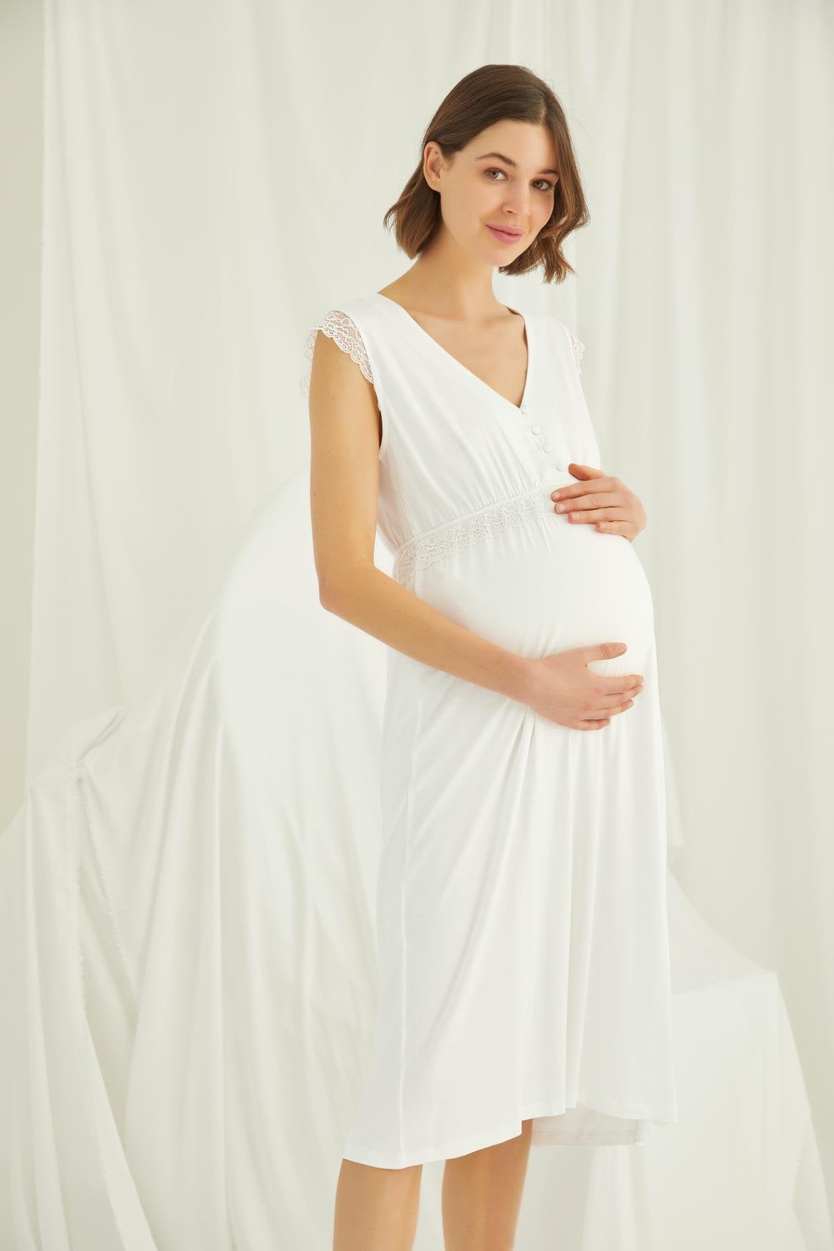 Shopymommy 18450 Lace V-Neck Maternity & Nursing Nightgown Ecru