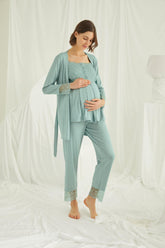 Shopymommy 18468 Lace 3-Pieces Maternity & Nursing Pajamas With Robe Green