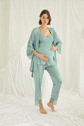 Shopymommy 18469 Lace Strappy 3-Pieces Maternity & Nursing Pajamas With Robe Green