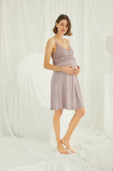 Shopymommy 18490 Lace Strappy Maternity & Nursing Nightgown Coffee