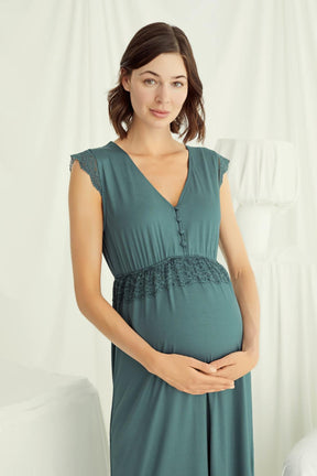 Shopymommy 18521 Lace V-Neck Maternity & Nursing Nightgown Green