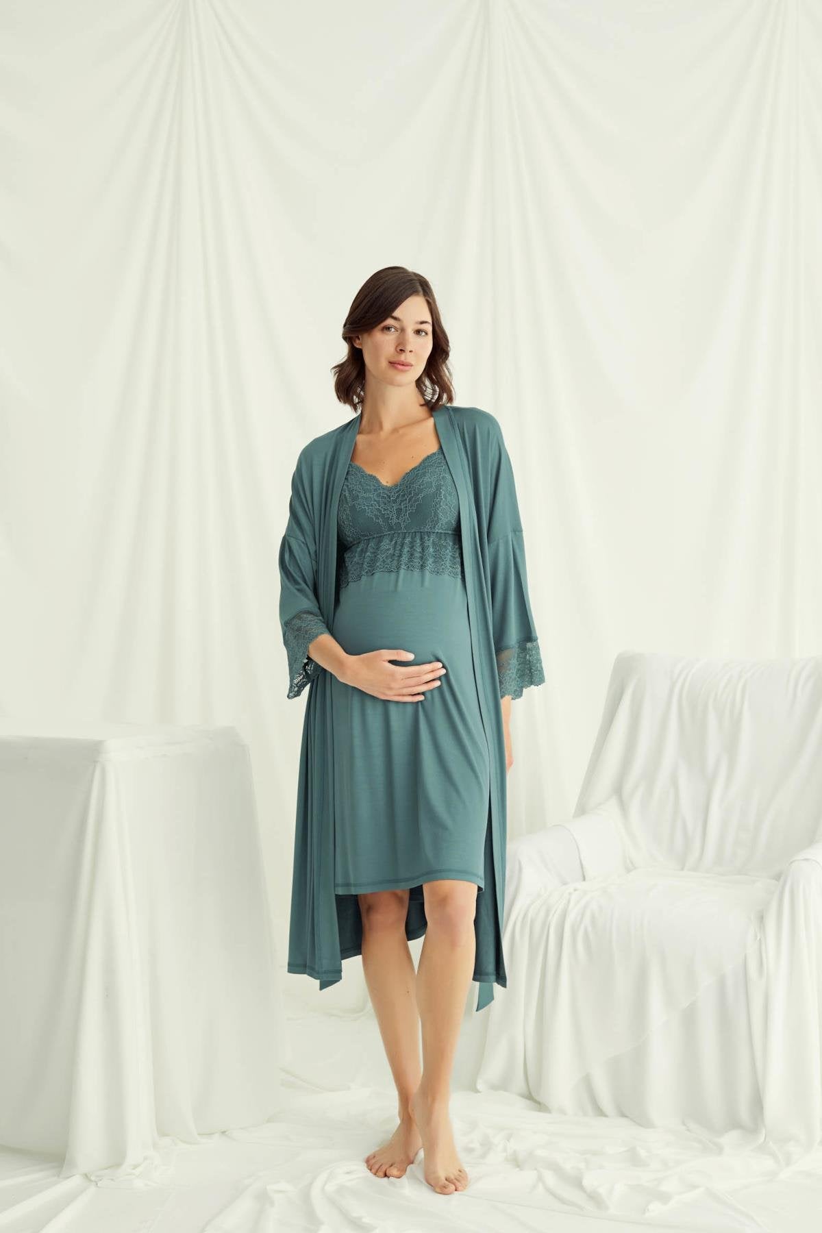 Shopymommy 18522 Lace Strappy Maternity & Nursing Nightgown With Robe Set Green