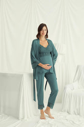 Shopymommy 18523 Lace Strappy 3-Pieces Maternity & Nursing Pajamas With Robe Green