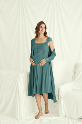 Shopymommy 18534 Lace Maternity & Nursing Nightgown With Robe Set Green