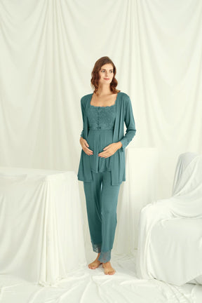 Shopymommy 18535 Lace 3-Pieces Maternity & Nursing Pajamas With Robe Green
