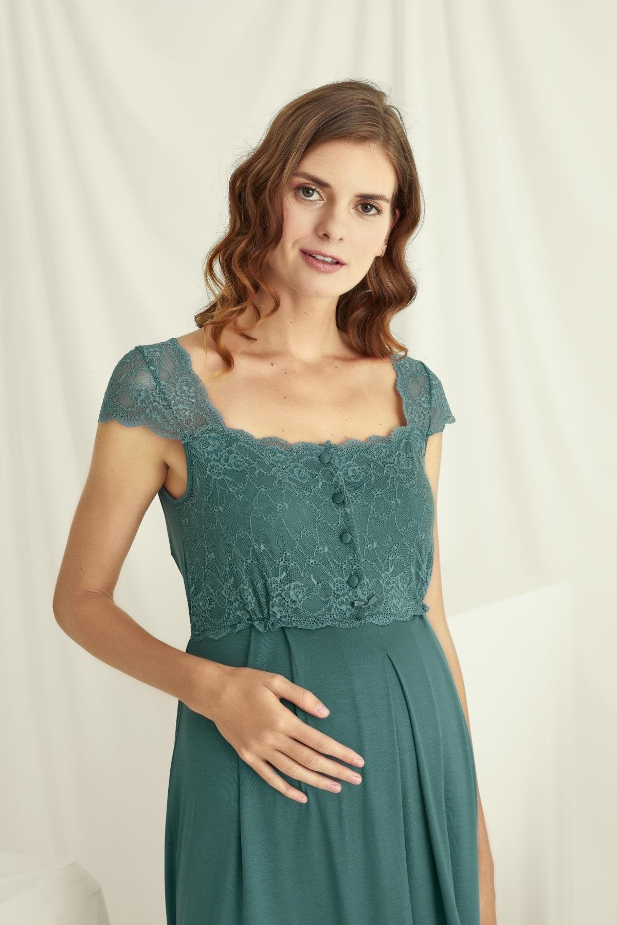 Shopymommy 18536 Lace Maternity & Nursing Nightgown Green