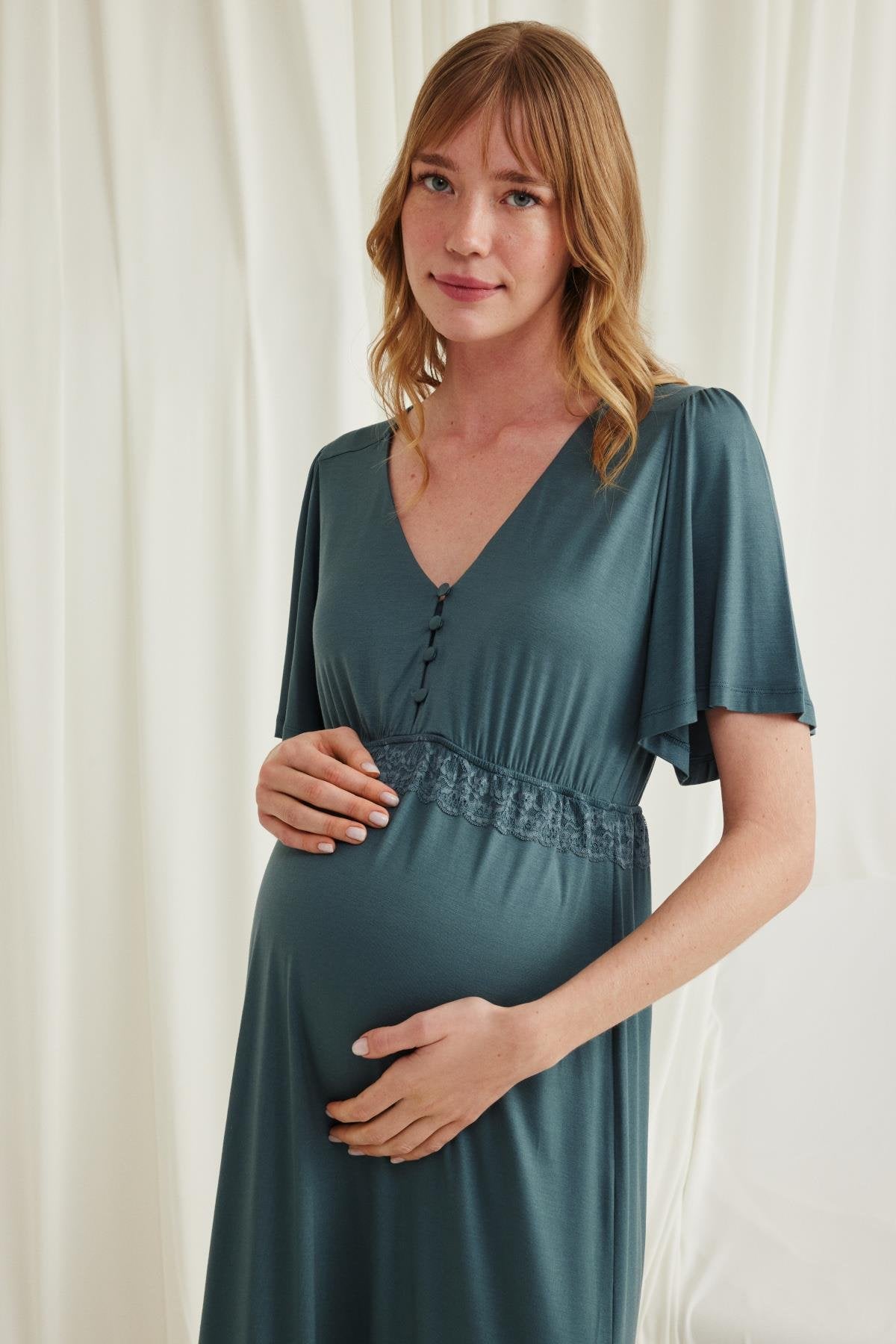Shopymommy 18597 Lace Maternity & Nursing Nightgown Green