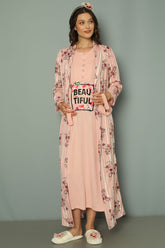 Shopymommy 2257 Maternity & Nursing Nightgown With Patterned Robe Pink