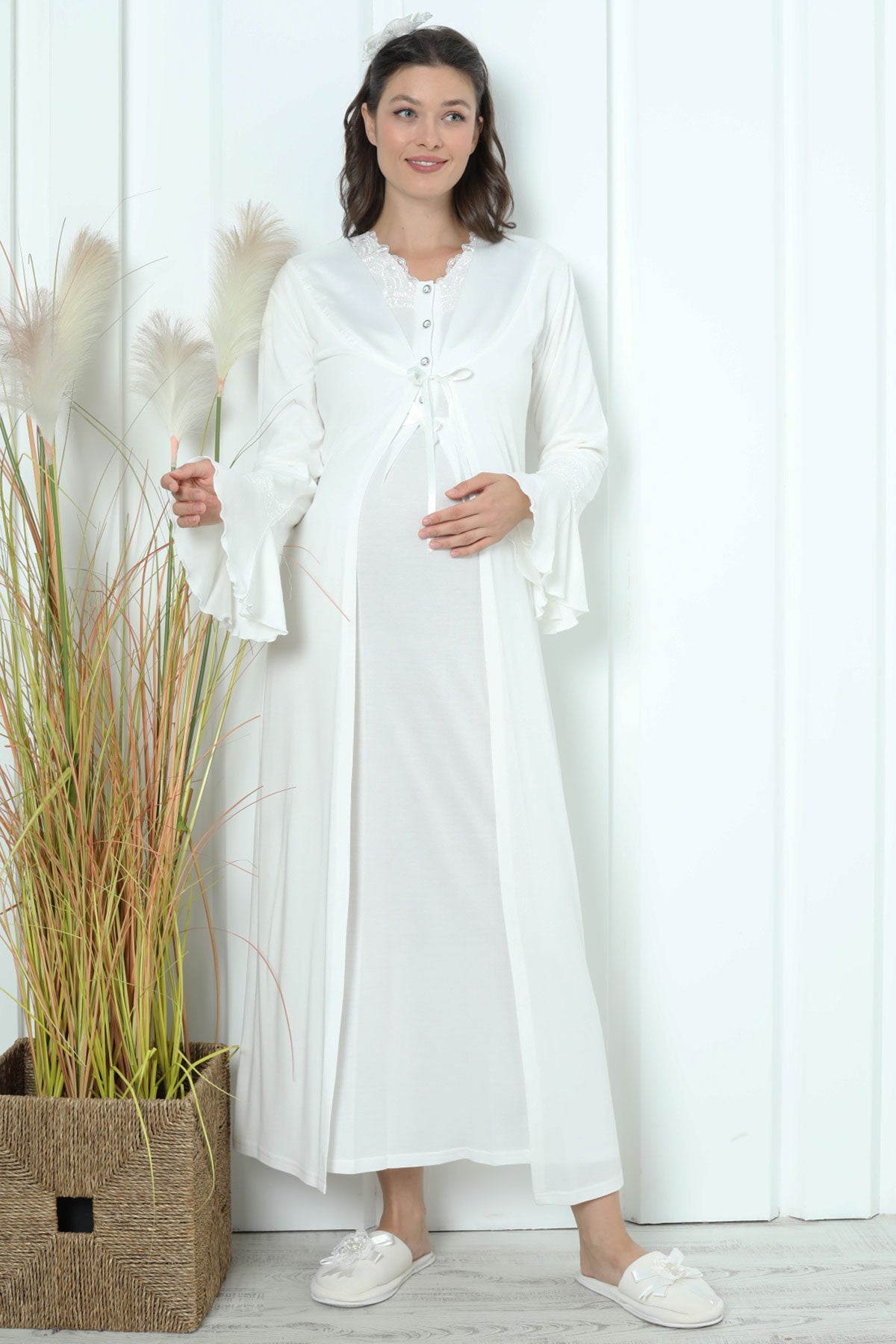 Shopymommy 2259 Lace Collar Maternity & Nursing Nightgown With Flywheel Arm Robe Ecru