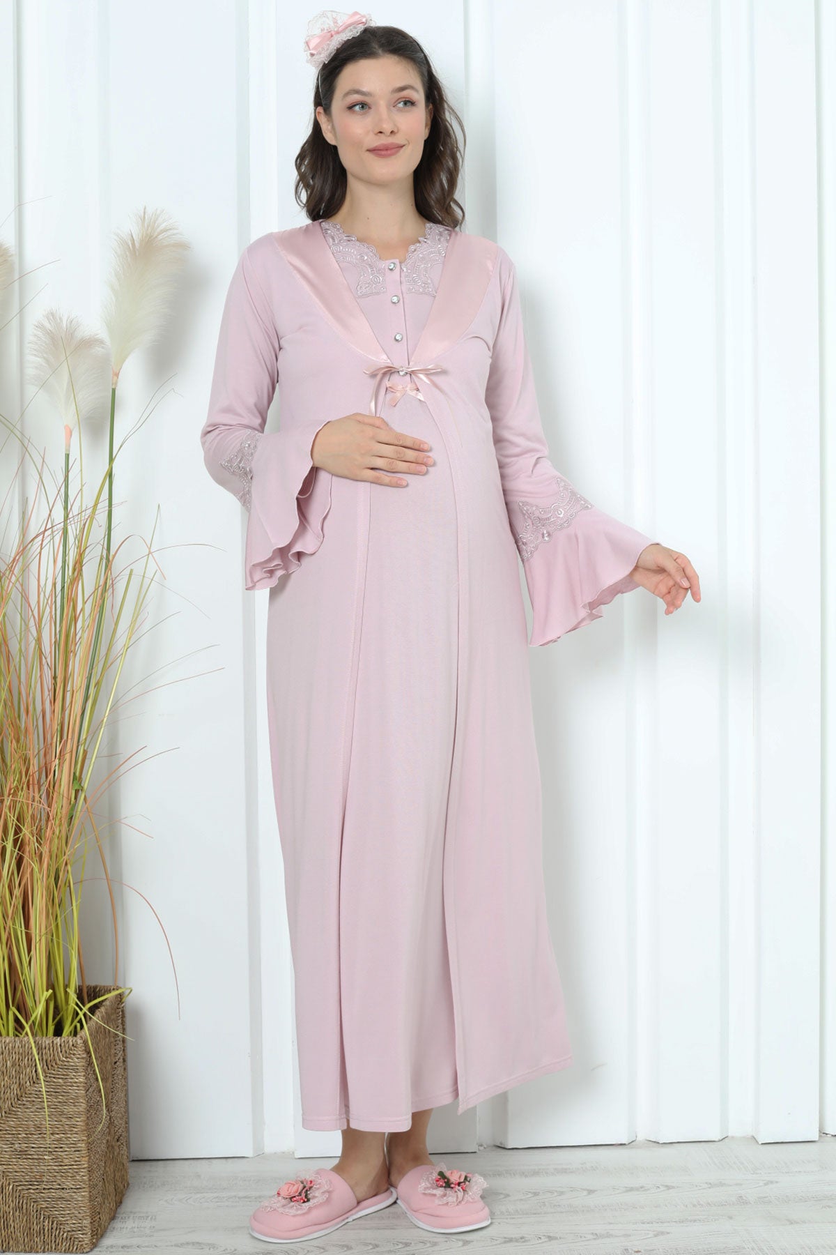 Shopymommy 2259 Lace Collar Maternity & Nursing Nightgown With Flywheel Arm Robe Dried Rose