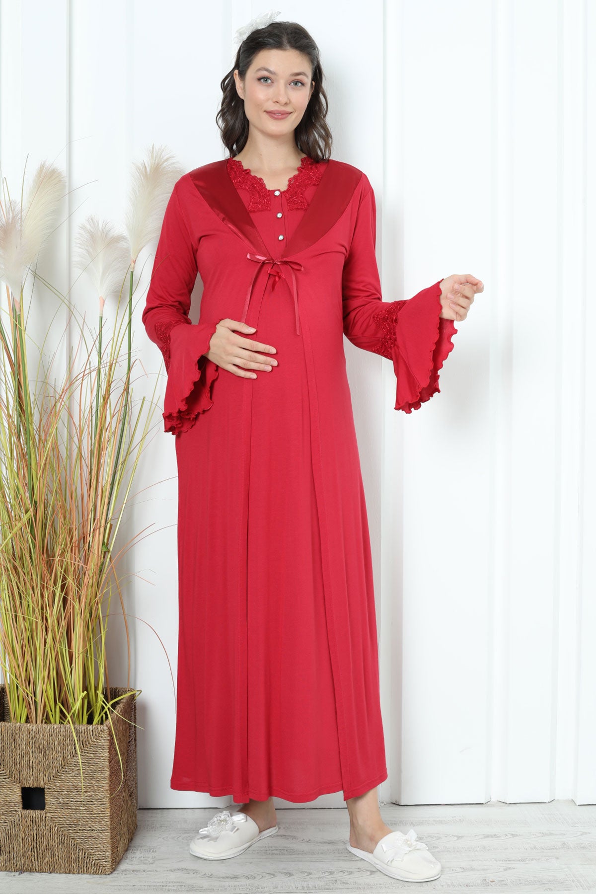 Shopymommy 2259 Lace Collar Maternity & Nursing Nightgown With Flywheel Arm Robe Red
