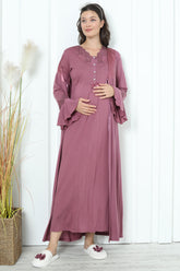Shopymommy 2259 Lace Collar Maternity & Nursing Nightgown With Flywheel Arm Robe Plum