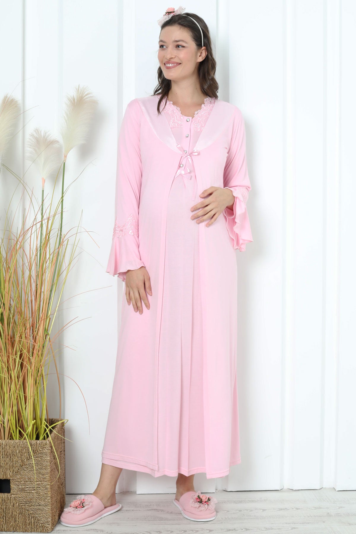 Shopymommy 2259 Lace Collar Maternity & Nursing Nightgown With Flywheel Arm Robe Pink