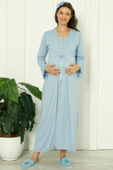 Shopymommy 2260 Maternity & Nursing Nightgown With Lace Collar Robe Blue