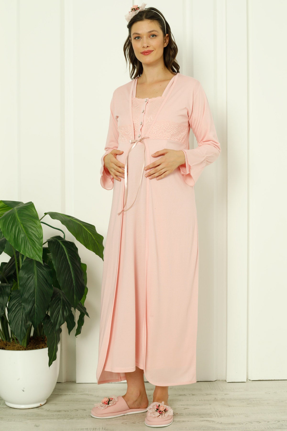 Shopymommy 2260 Maternity & Nursing Nightgown With Lace Collar Robe Salmon