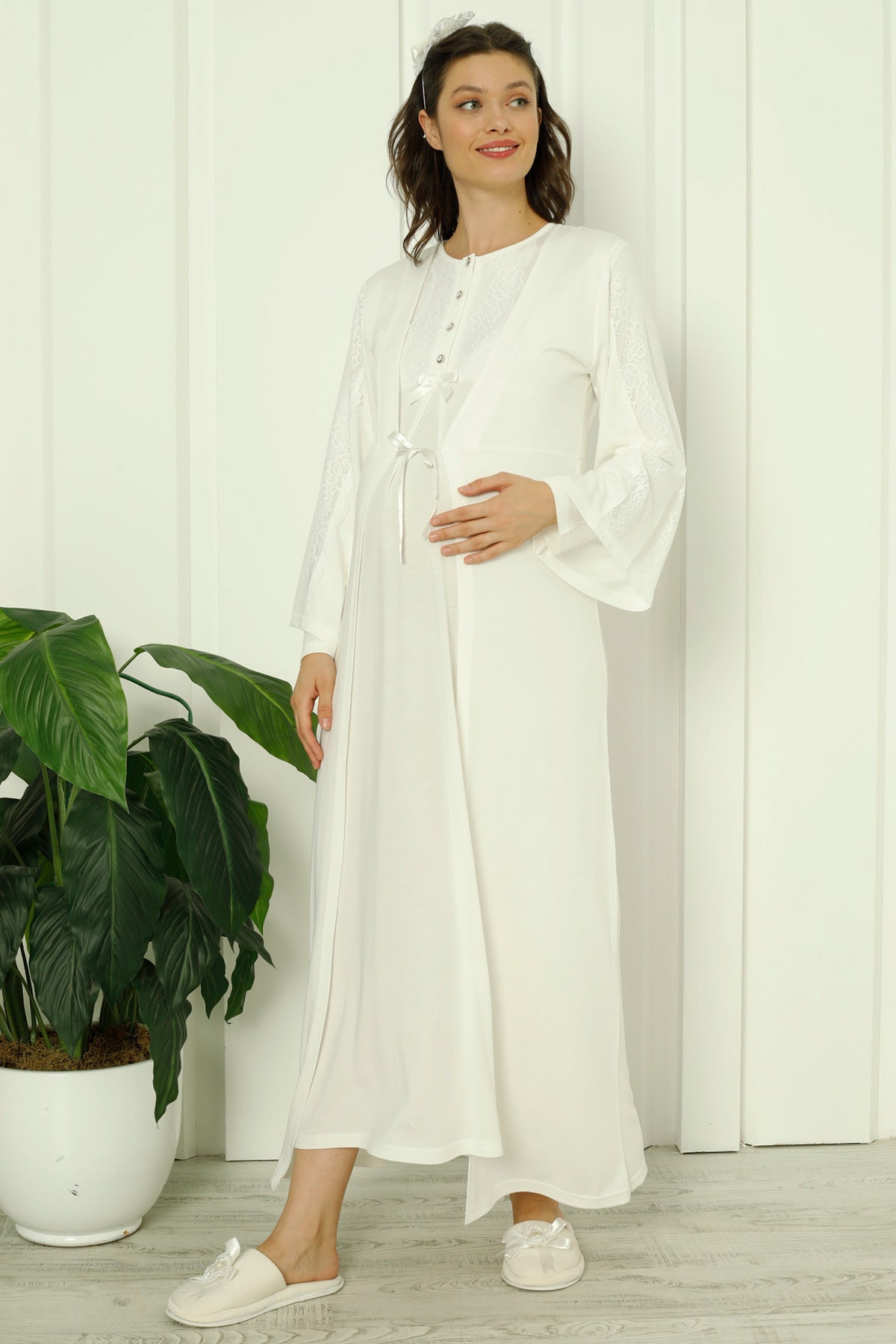 Shopymommy 2261 Lace Sleeve Maternity & Nursing Nightgown With Robe Ecru