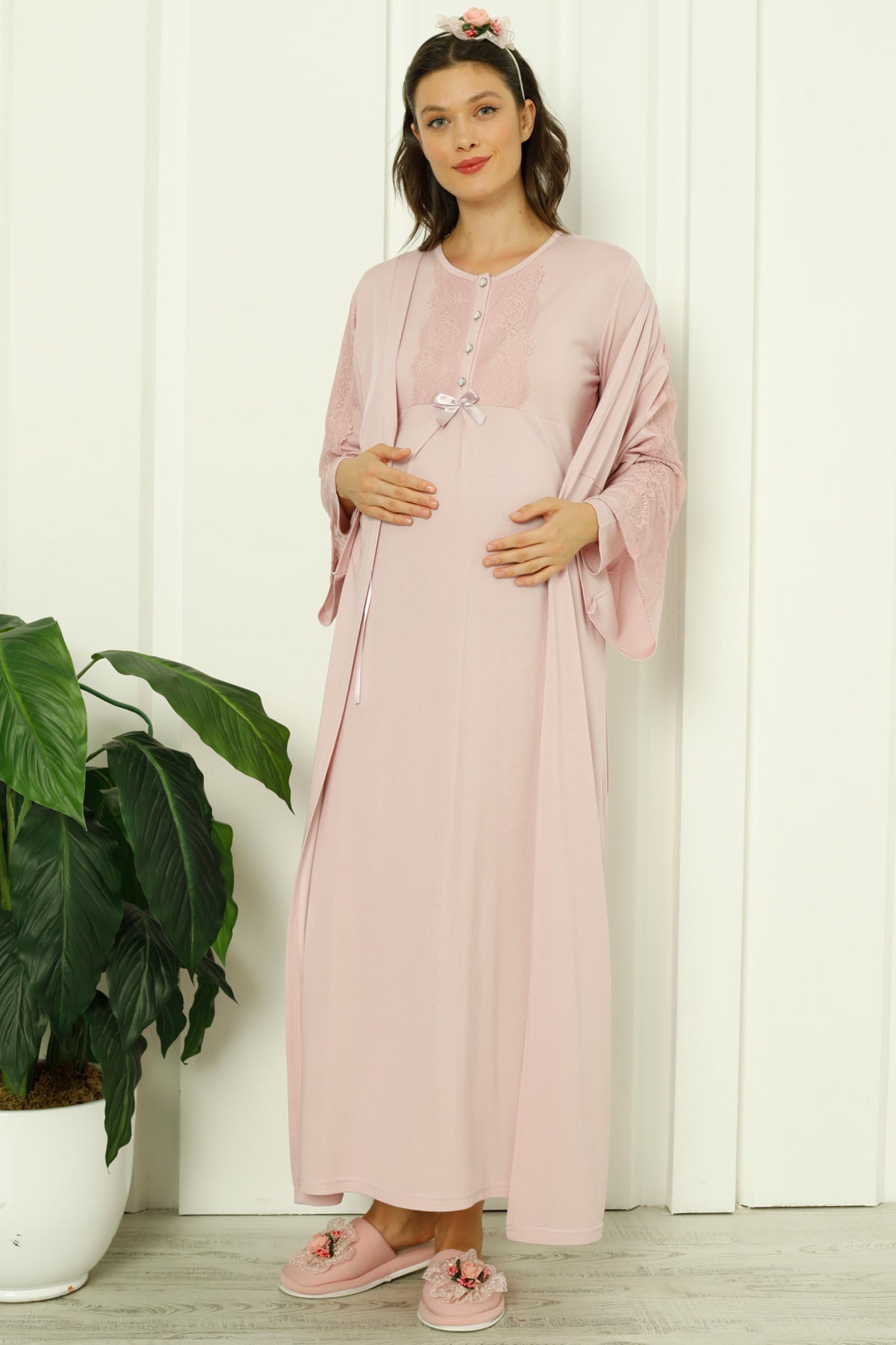 Shopymommy 2261 Lace Sleeve Maternity & Nursing Nightgown With Robe Dried Rose