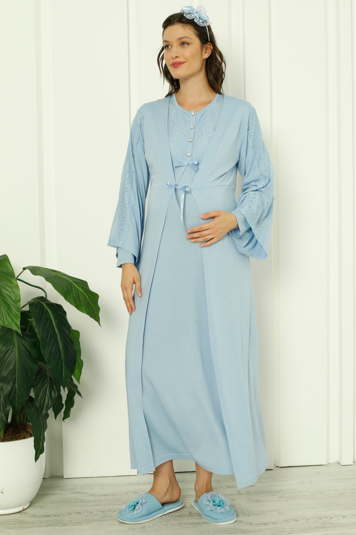Shopymommy 2261 Lace Sleeve Maternity & Nursing Nightgown With Robe Blue