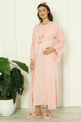 Shopymommy 2261 Lace Sleeve Maternity & Nursing Nightgown With Robe Salmon