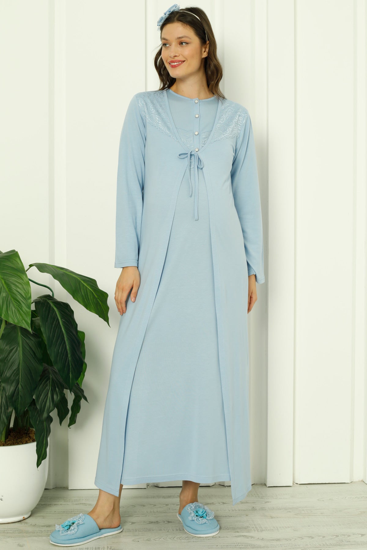 Shopymommy 2262 Guipure Collar Maternity & Nursing Nightgown With Robe Blue