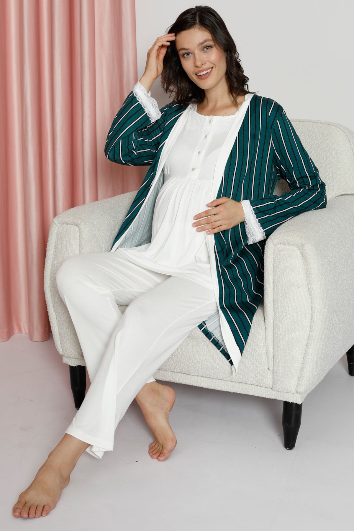 Shopymommy 2356 3-Pieces Maternity & Nursing Pajamas With Striped Robe