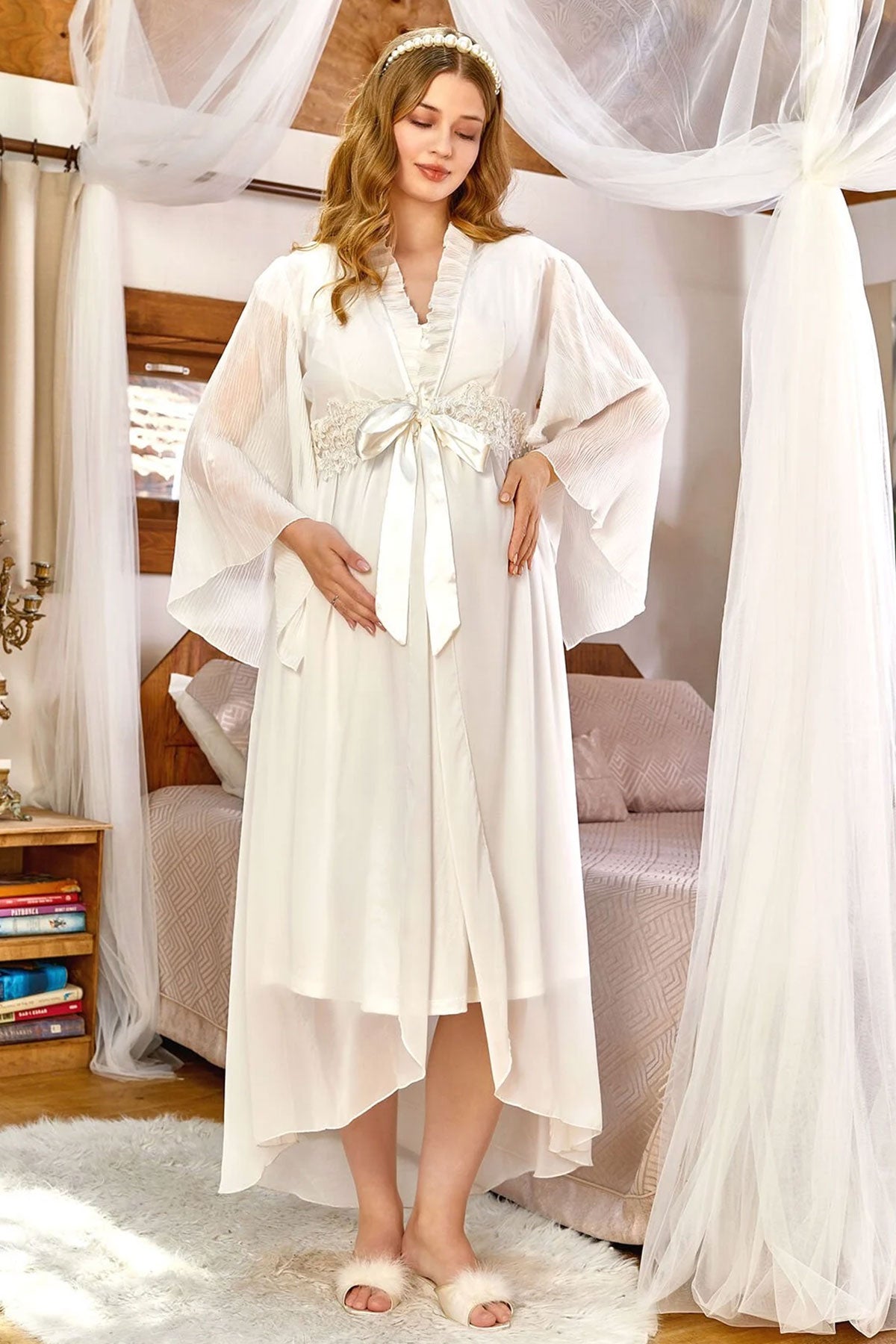 Shopymommy 155154 Embroidery Maternity & Nursing Nightgown With Robe Ecru