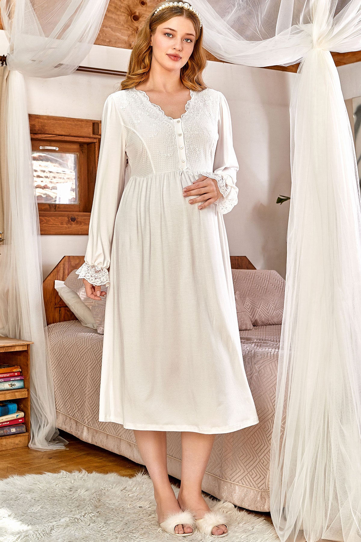 Shopymommy 158157 Lace Sleeve Maternity & Nursing Nightgown With Robe Ecru