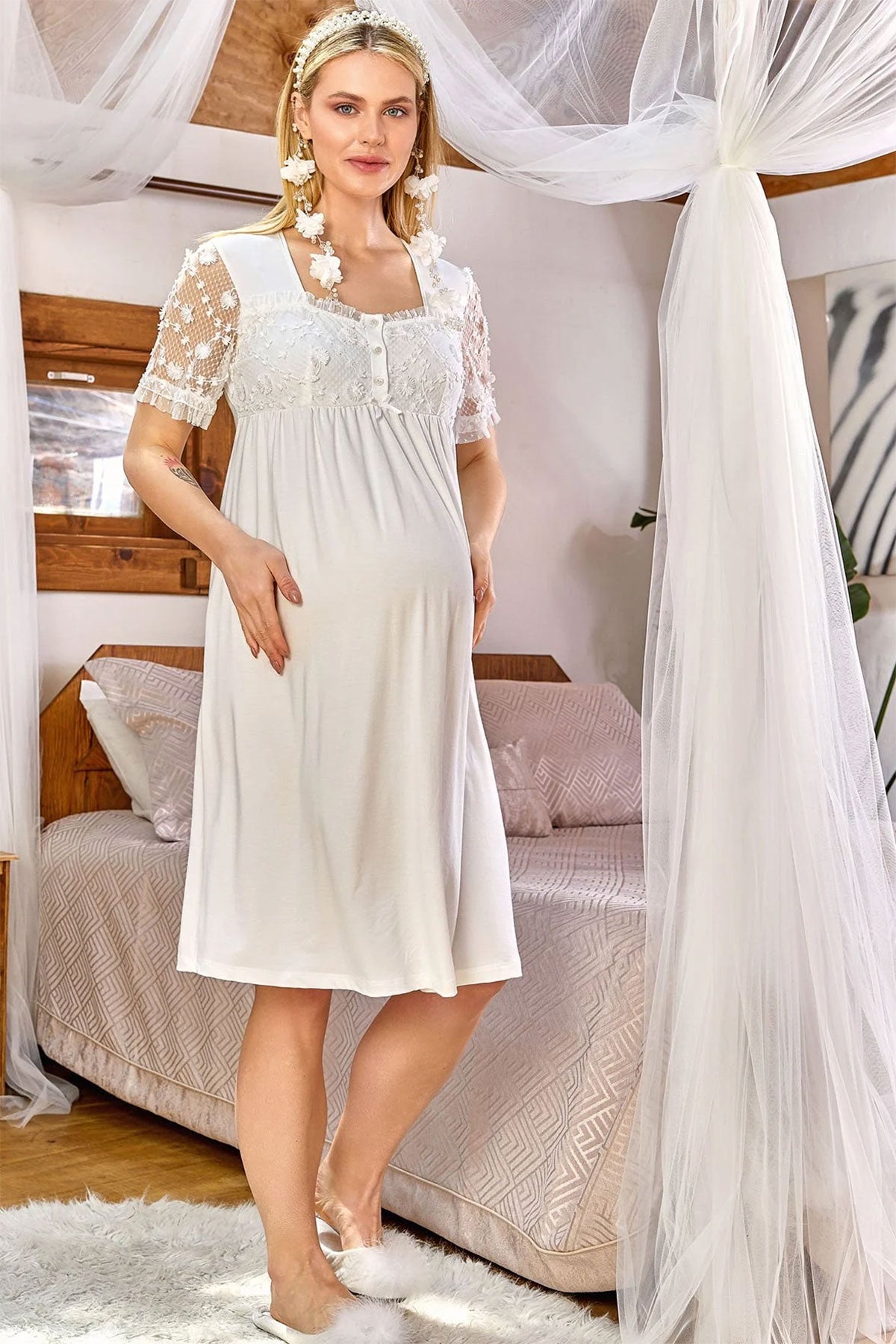 Shopymommy 24168 Flower Lace Sleeve Maternity & Nursing Nightgown Ecru