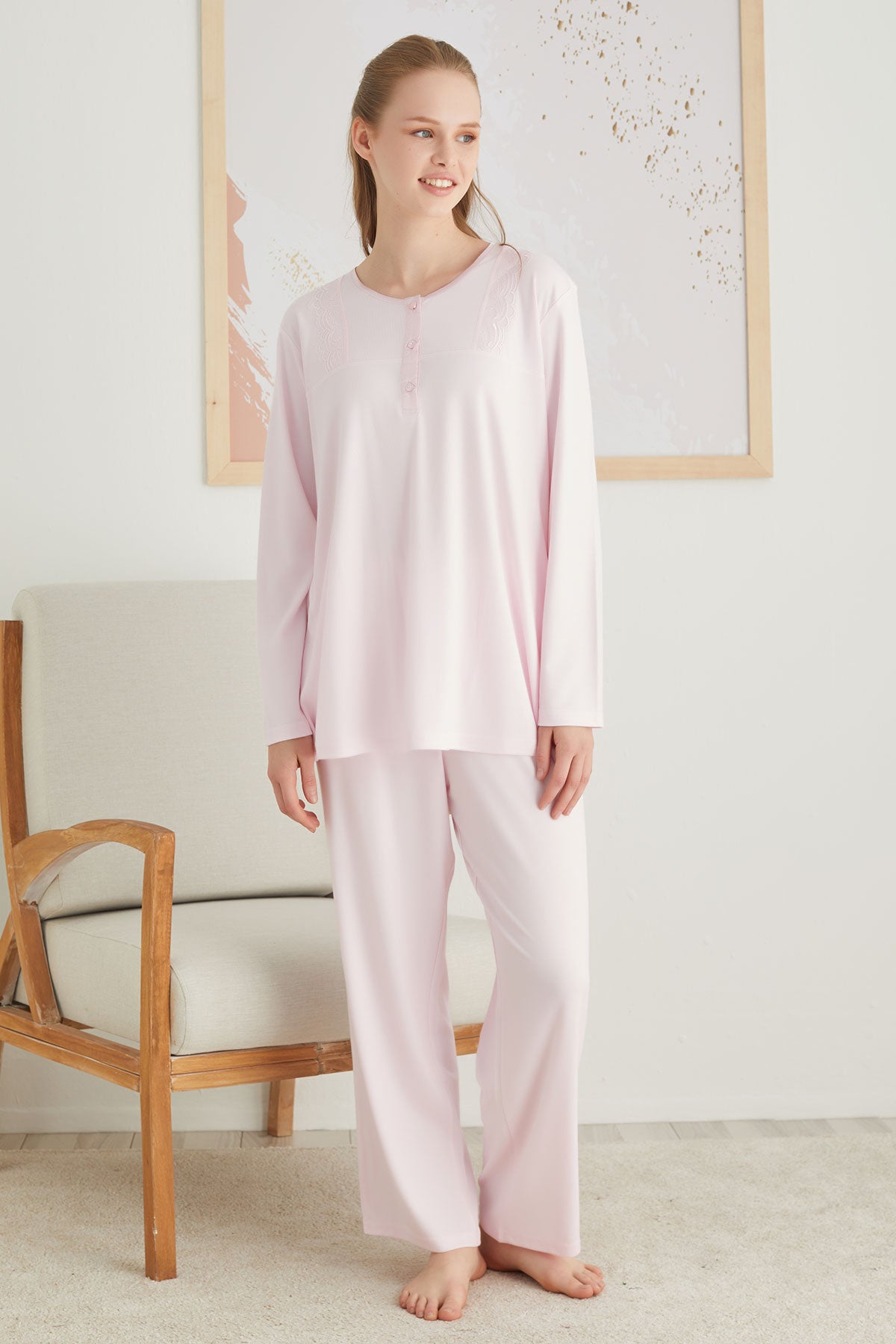 Shopymommy 2822 Guipure Collar Plus Size Maternity & Nursing Pajamas Pink