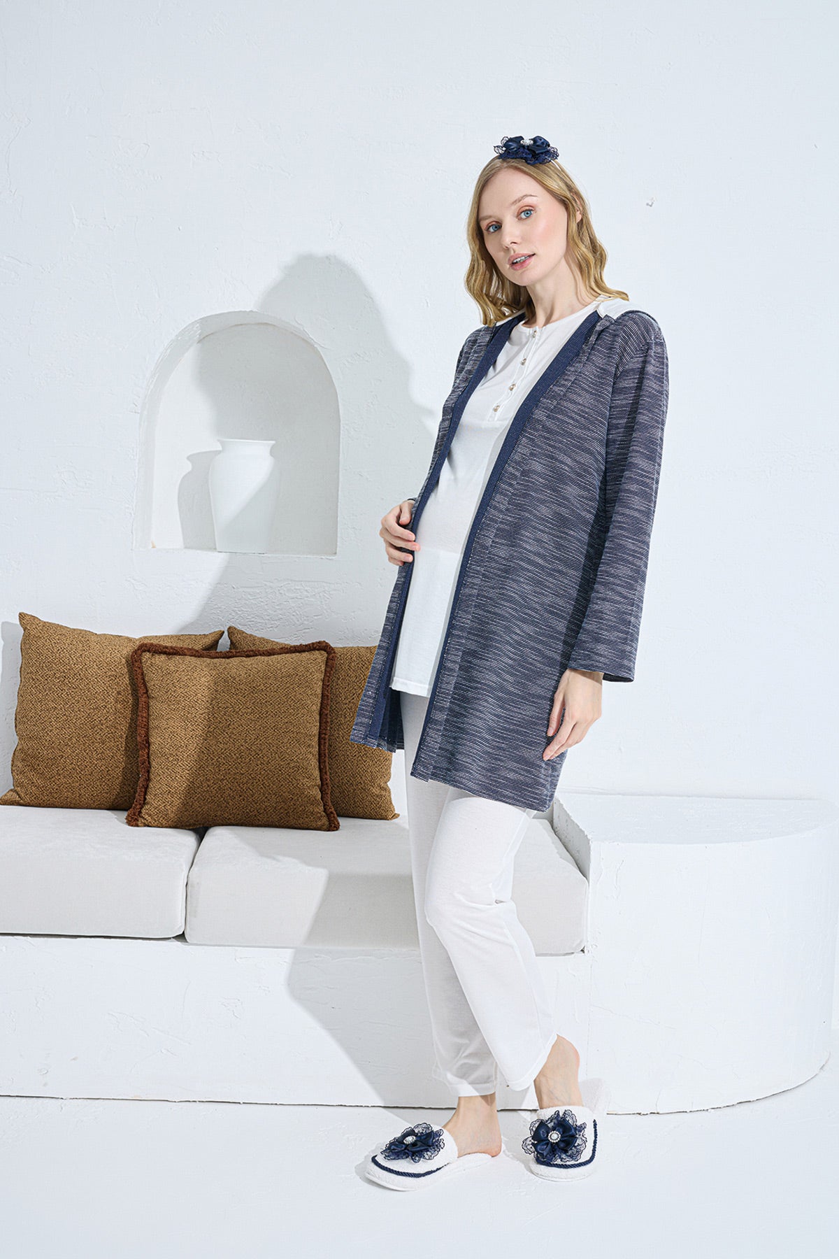 Shopymommy 3375 Hooded Melange 3-Pieces Maternity & Nursing Pajamas With Robe Ecru