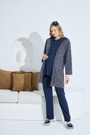 Shopymommy 3375 Hooded Melange 3-Pieces Maternity & Nursing Pajamas With Robe Navy Blue