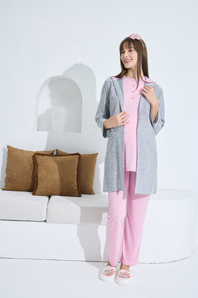Shopymommy 3375 Hooded Melange 3-Pieces Maternity & Nursing Pajamas With Robe Pink