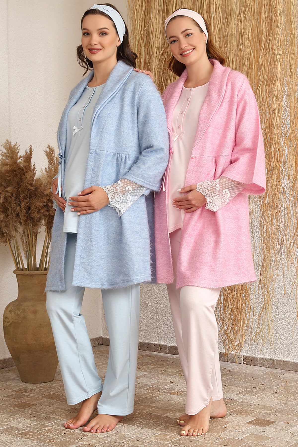 Shopymommy 4222 Lace Sleeve 3-Pieces Maternity & Nursing Pajamas With Robe Blue