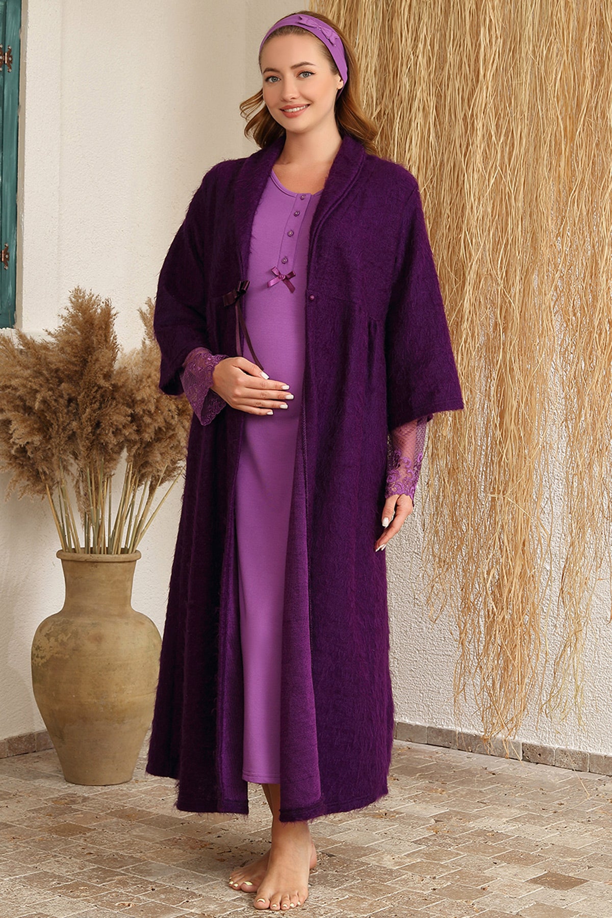 Shopymommy 4223 Lace Sleeve Maternity & Nursing Nightgown With Robe Purple