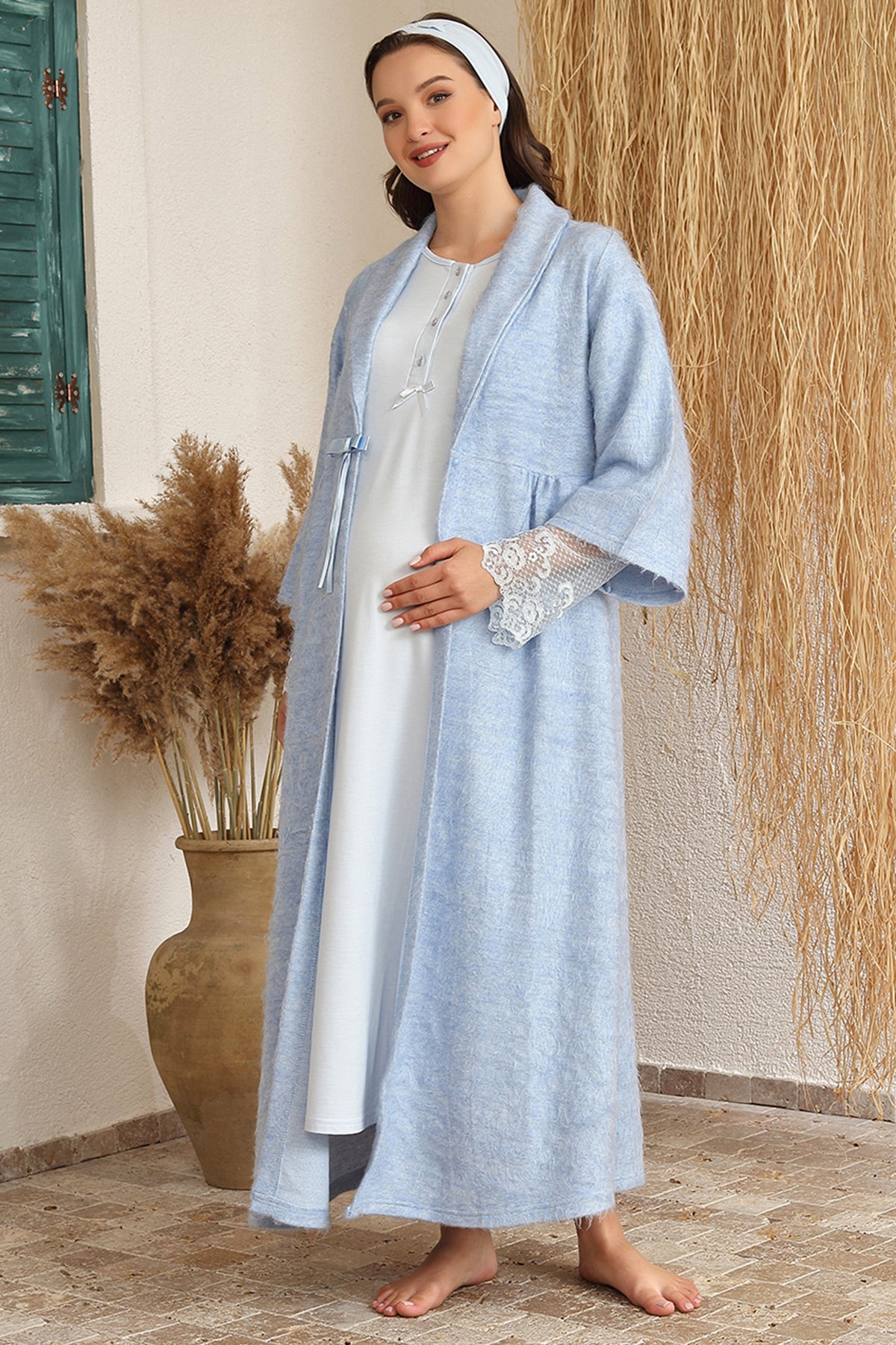 Shopymommy 4223 Lace Sleeve Maternity & Nursing Nightgown With Robe Blue