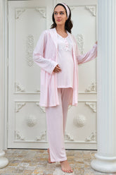 Shopymommy 4307 Lace Collar 3-Pieces Maternity & Nursing Pajamas With Robe Powder
