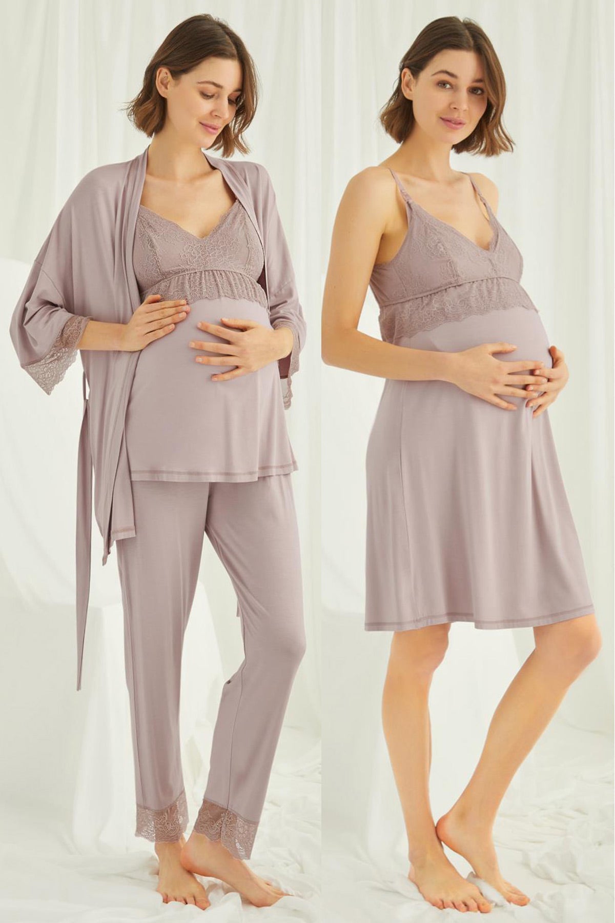 Shopymommy 431490 Lace Strappy 4 Pieces Maternity & Nursing Set Coffee