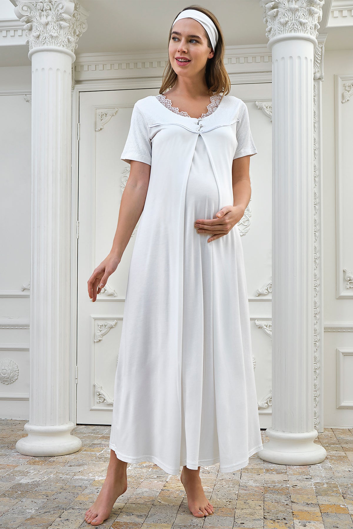 Shopymommy 4329 Lace Collar Maternity & Nursing Nightgown With Robe