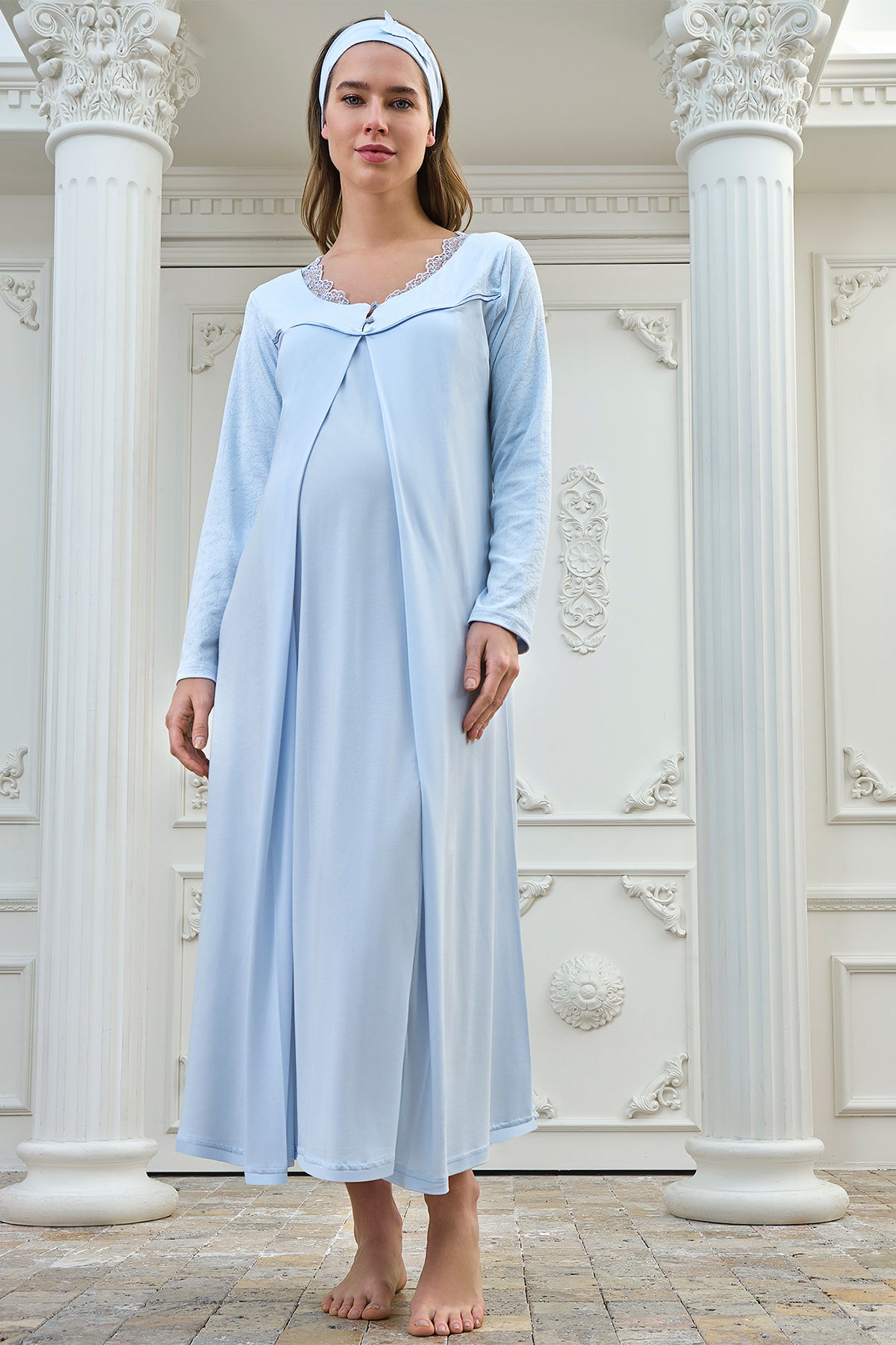 Shopymommy 4330 Lace Collar Maternity & Nursing Nightgown Blue