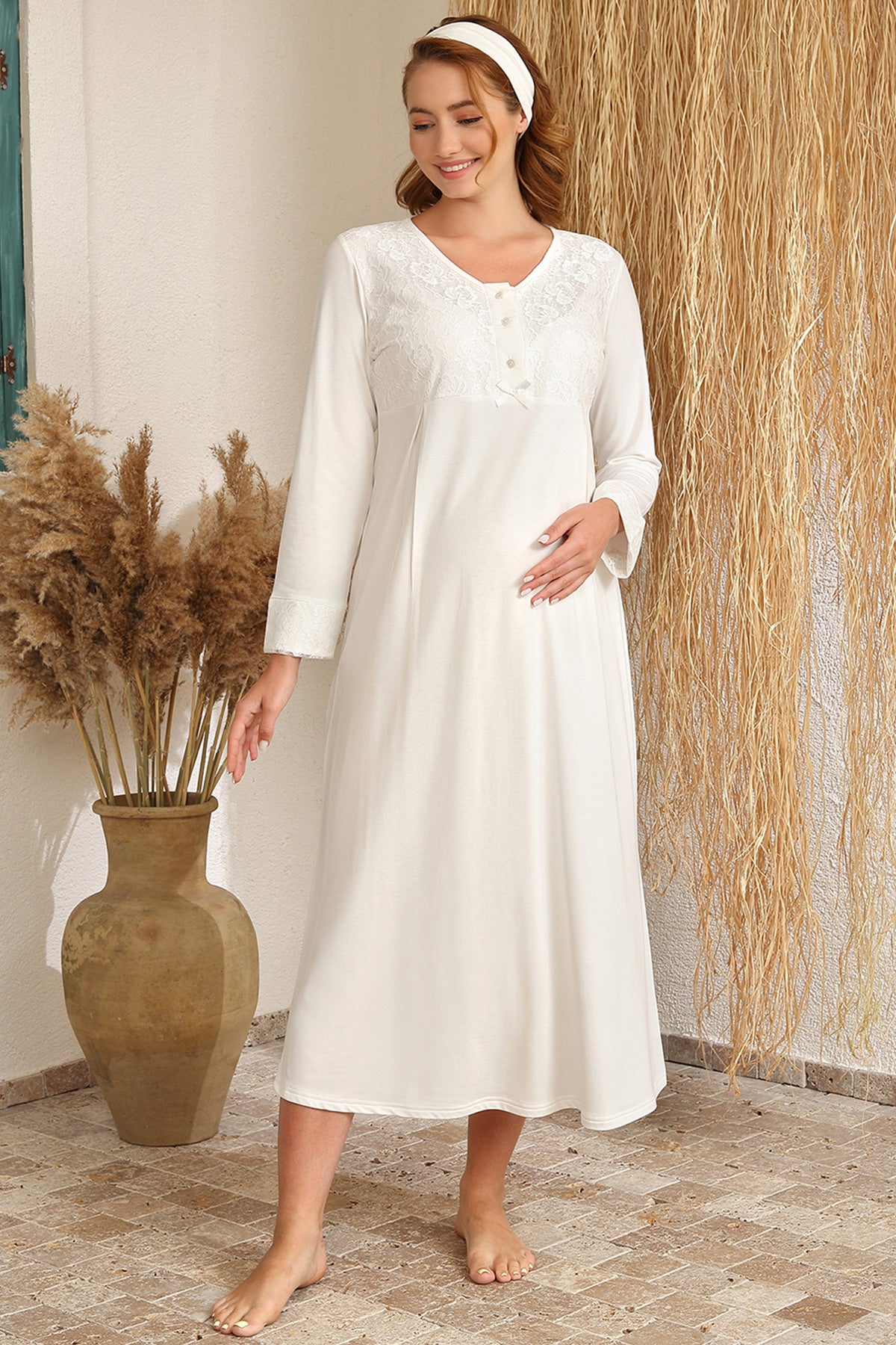 Shopymommy 4405 Guipure Collar Maternity & Nursing Nightgown Ecru