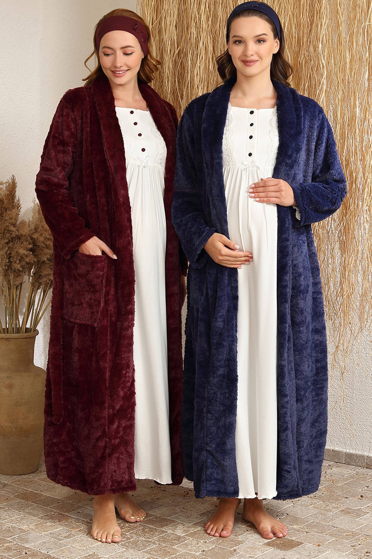 Shopymommy 4409 Guipure Maternity & Nursing Nightgown With Welsoft Robe Navy Blue