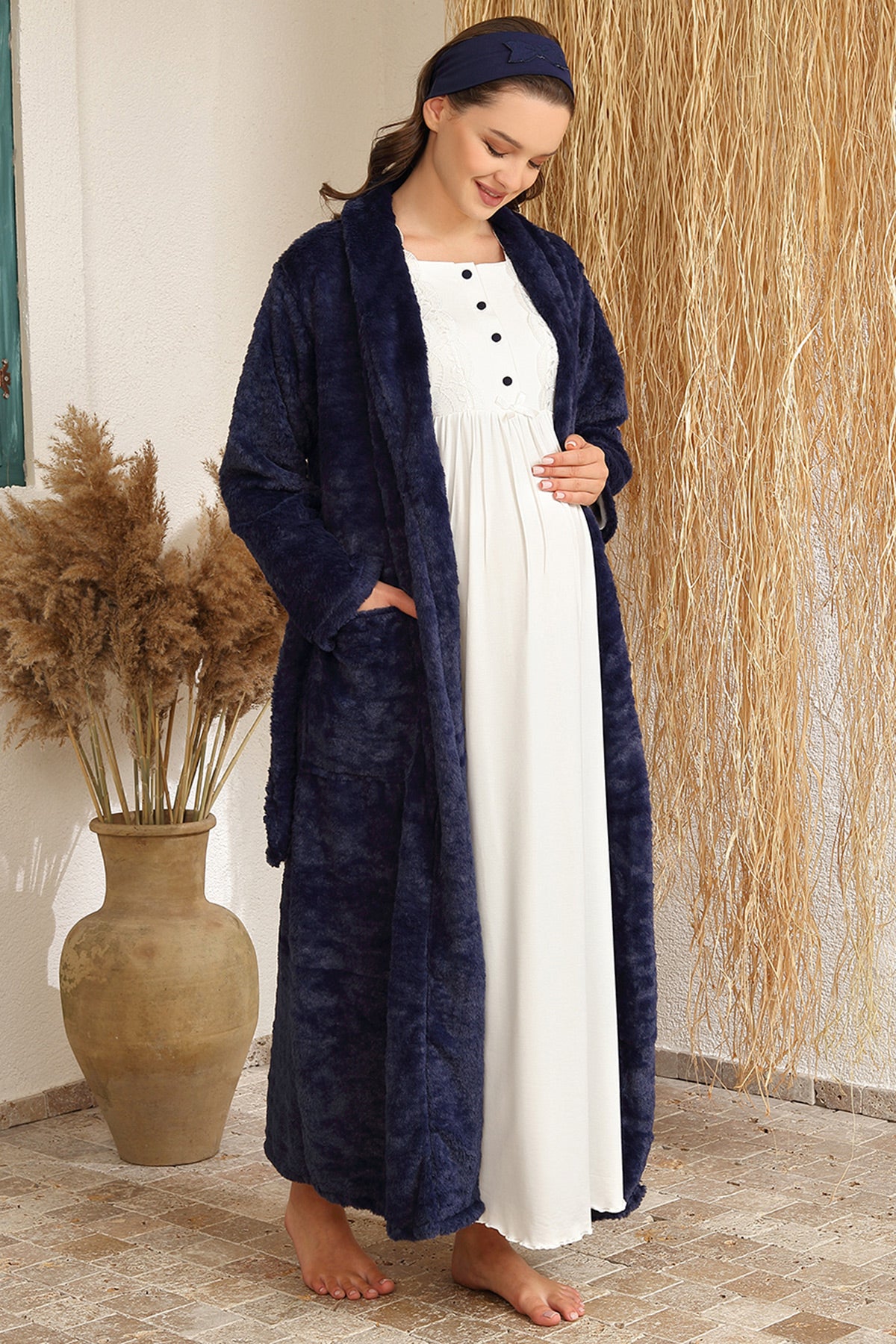 Shopymommy 4409 Guipure Maternity & Nursing Nightgown With Welsoft Robe Navy Blue