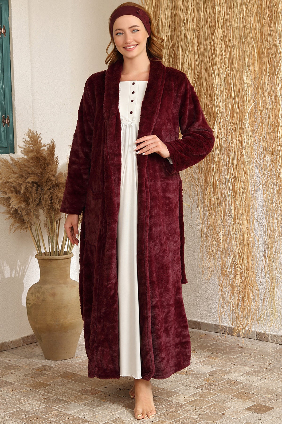 Shopymommy 4409 Guipure Maternity & Nursing Nightgown With Welsoft Robe Claret Red