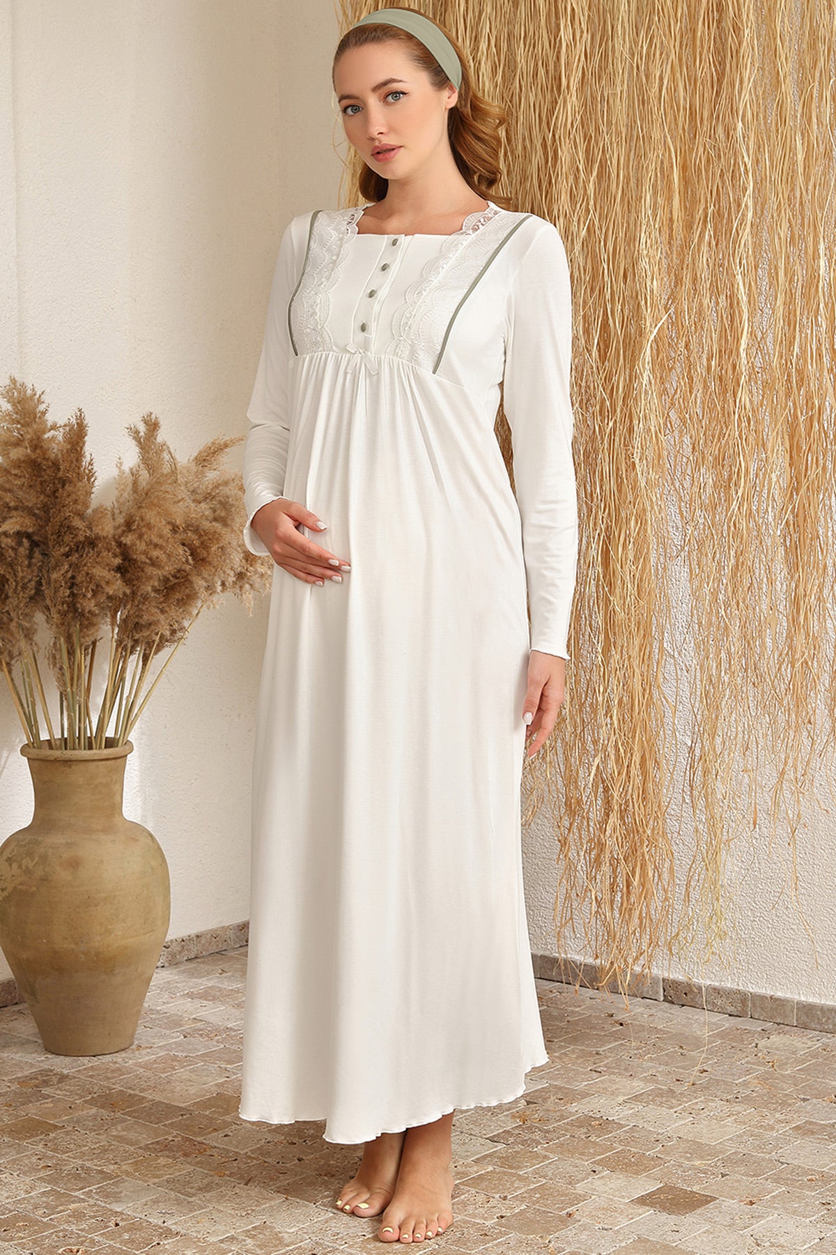 Shopymommy 4409 Guipure Maternity & Nursing Nightgown With Welsoft Robe Green