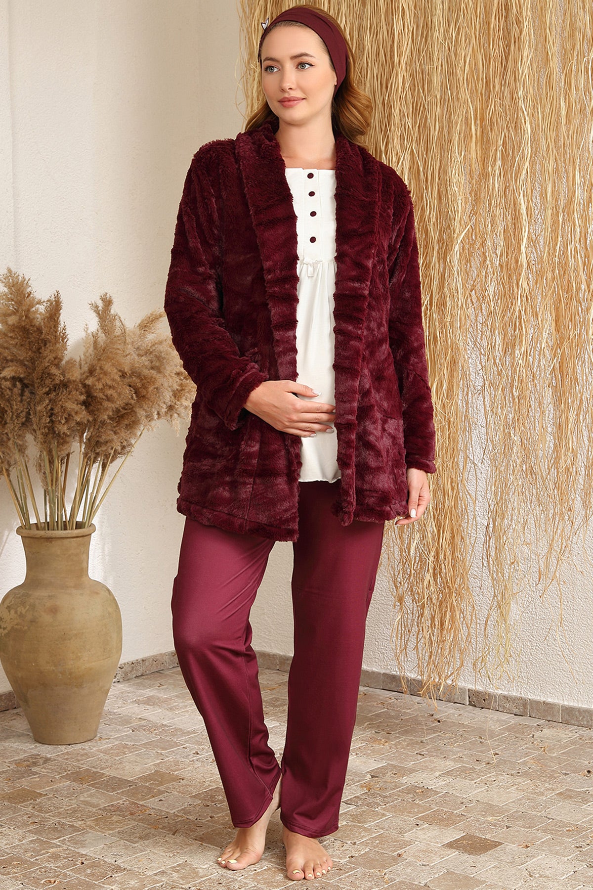 Shopymommy 4410 Guipure 3-Pieces Maternity & Nursing Pajamas With Welsoft Robe Claret Red