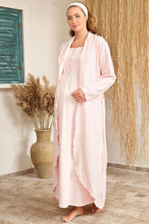 Shopymommy 4413 Lace Maternity & Nursing Nightgown With Jacquard Robe Powder