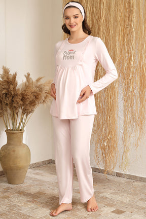 Shopymommy 4414 3-Pieces Maternity & Nursing Pajamas With Patterned Robe Pink
