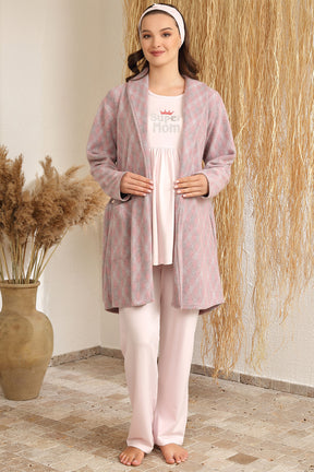 Shopymommy 4414 3-Pieces Maternity & Nursing Pajamas With Patterned Robe Pink