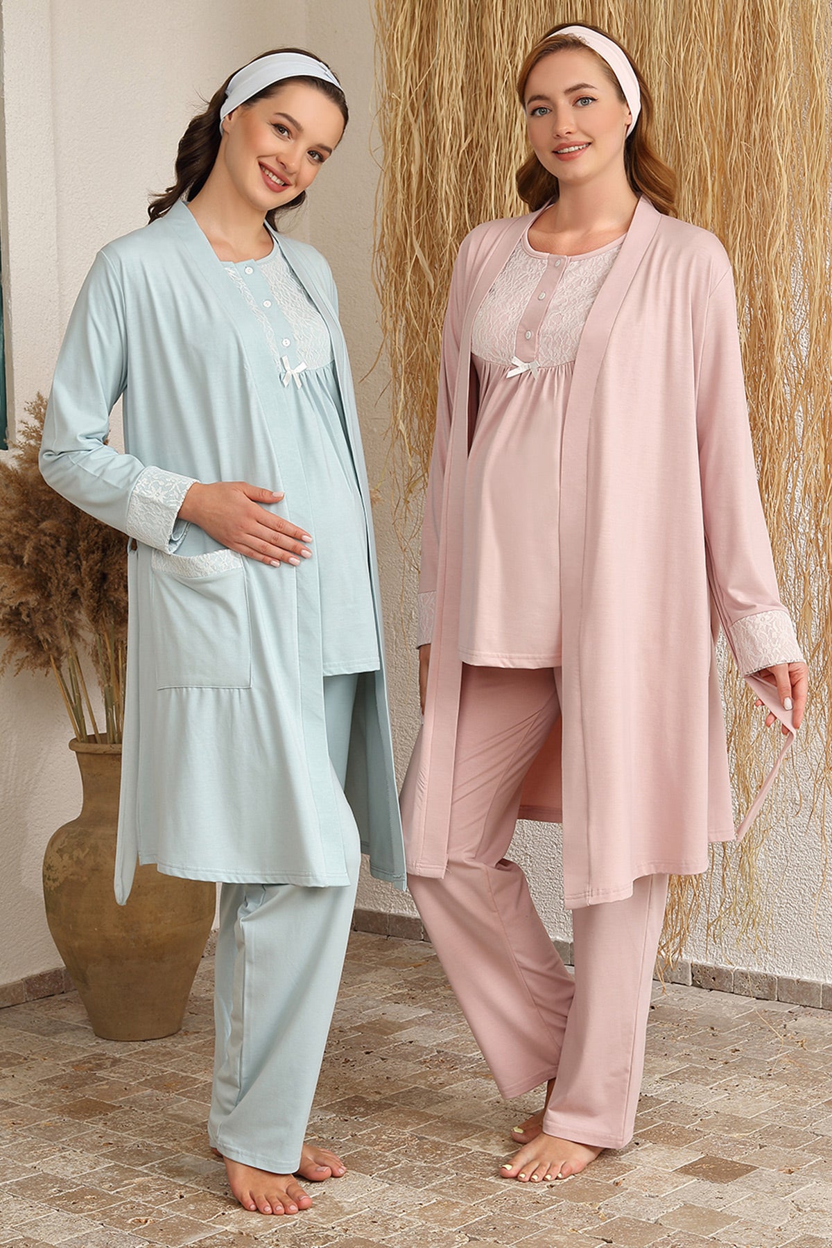 Shopymommy 4415 Lace Collar 3-Pieces Maternity & Nursing Pajamas With Robe Powder
